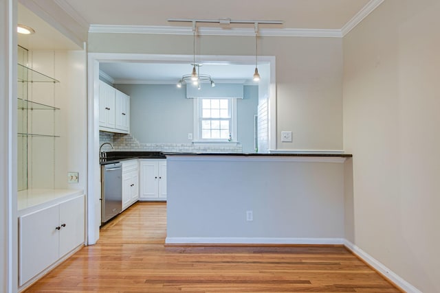 kitchen featuring light wood finished floors, white cabinetry, crown molding, and stainless steel dishwasher