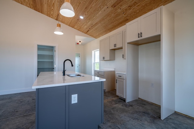 241 Springer, Hohenwald, TN 38462 - kitchen featuring wooden ceiling, a sink, vaulted ceiling, a center island with sink, and hanging light fixtures