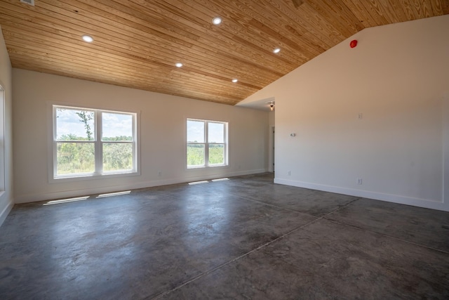 241 Springer, Hohenwald, TN 38462 - empty room with wood ceiling, concrete floors, recessed lighting, baseboards, and lofted ceiling