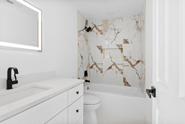 bathroom featuring tile patterned flooring, visible vents, toilet, shower / tub combination, and vanity