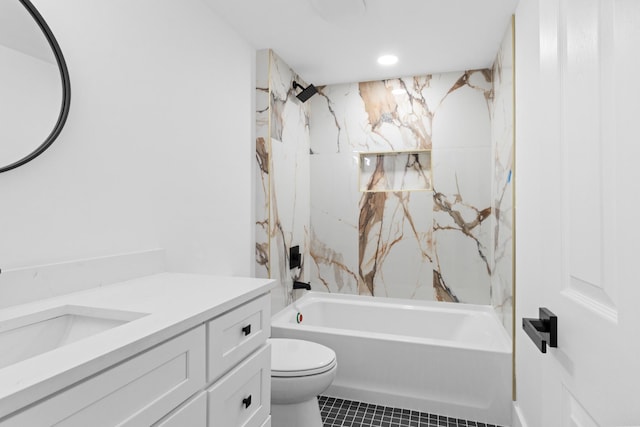 full bathroom with vanity, washtub / shower combination, recessed lighting, tile patterned flooring, and toilet