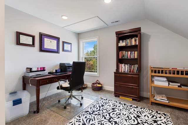 carpeted office with visible vents, baseboards, attic access, lofted ceiling, and recessed lighting