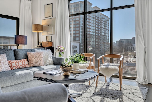 living area featuring a wall of windows and a view of city