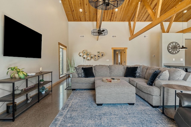 living area featuring speckled floor, visible vents, a high ceiling, wood ceiling, and beamed ceiling