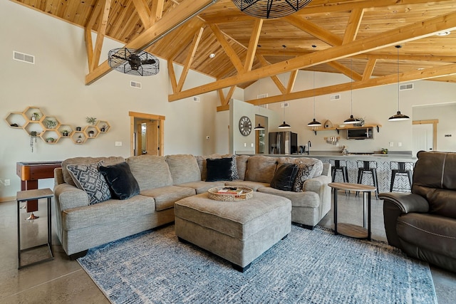 living room featuring visible vents, high vaulted ceiling, wood ceiling, and beamed ceiling