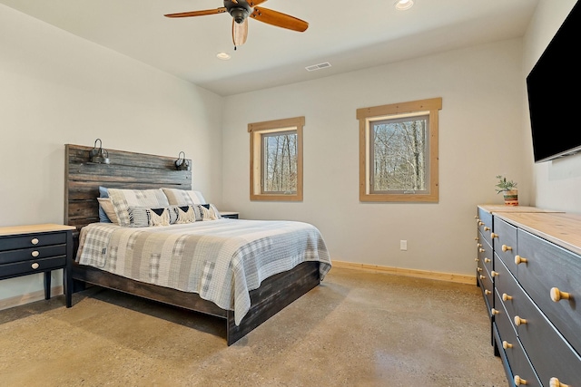 bedroom featuring a ceiling fan, baseboards, visible vents, recessed lighting, and finished concrete floors