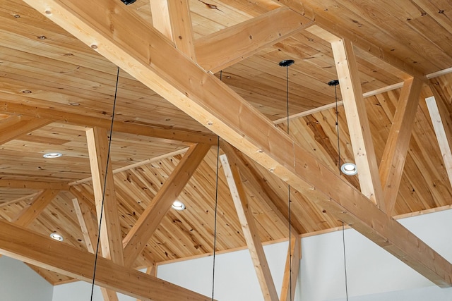 room details with wooden ceiling and beamed ceiling