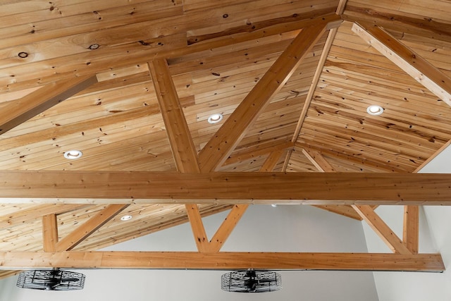 interior details featuring wooden ceiling, beamed ceiling, and recessed lighting