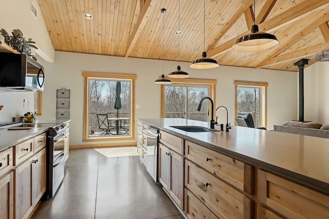 kitchen featuring stainless steel appliances, a sink, pendant lighting, wooden ceiling, and beamed ceiling