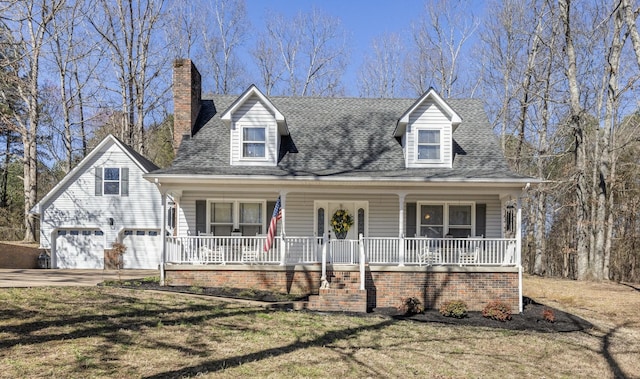 new england style home featuring a garage, covered porch, driveway, and a front lawn