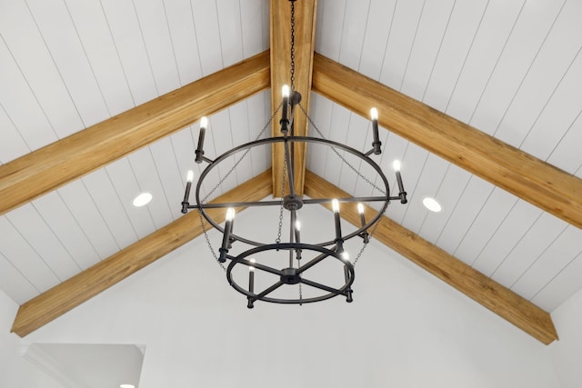 details featuring beamed ceiling and a notable chandelier