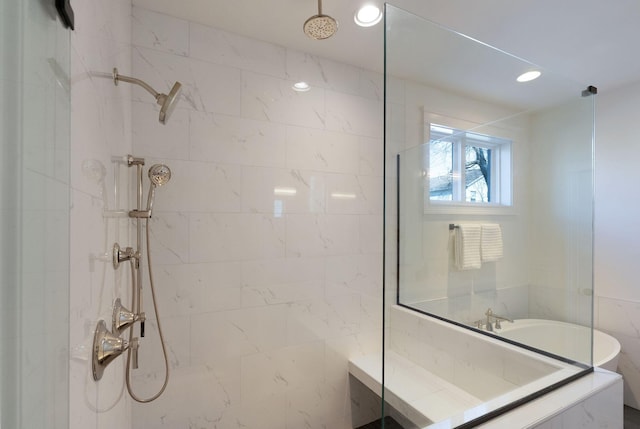 full bathroom with recessed lighting and a walk in shower