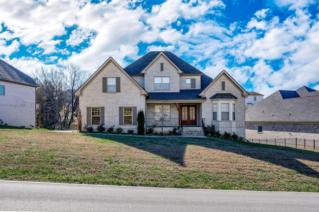 view of front of house featuring a front lawn, fence, brick siding, and a shingled roof