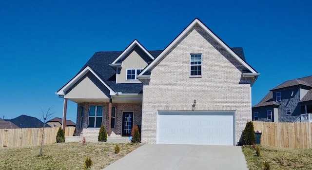 view of front facade with brick siding, concrete driveway, a garage, and fence