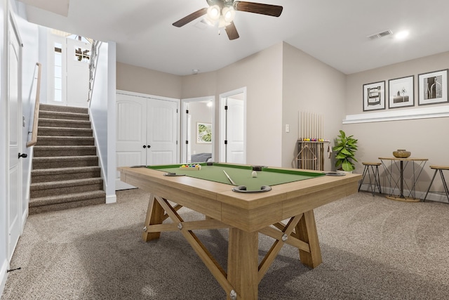 recreation room with a ceiling fan, visible vents, baseboards, pool table, and carpet flooring