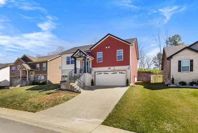 view of front facade featuring driveway, an attached garage, and a front yard