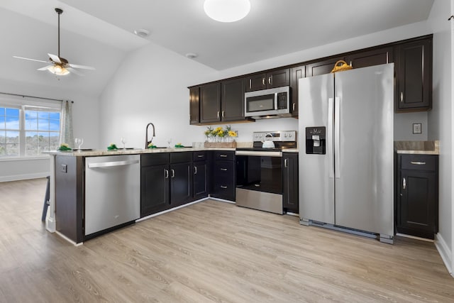 kitchen with lofted ceiling, light wood finished floors, a peninsula, and appliances with stainless steel finishes