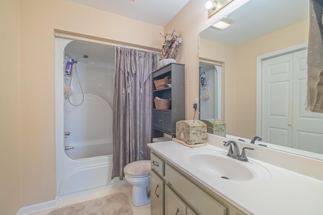 bathroom featuring tile patterned flooring, toilet, vanity, and shower / tub combo