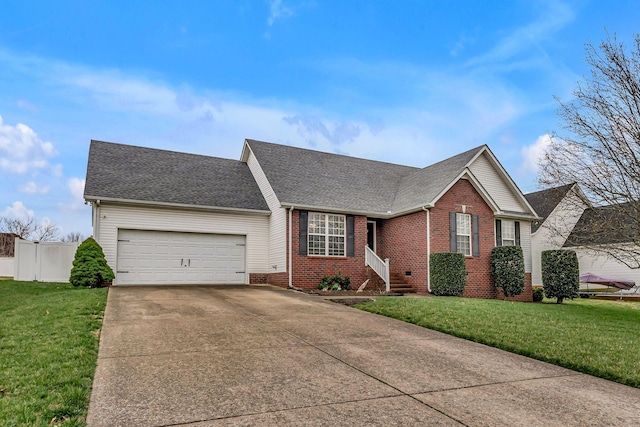 ranch-style house featuring crawl space, concrete driveway, a front yard, and a shingled roof