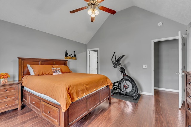 bedroom featuring high vaulted ceiling, a ceiling fan, baseboards, and wood finished floors