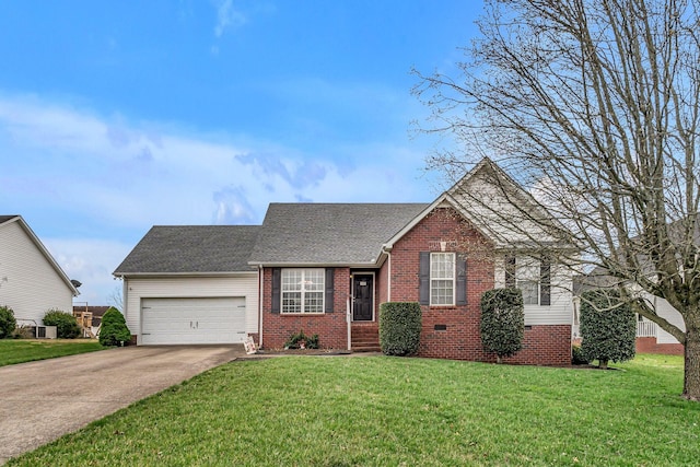 single story home with a front lawn, concrete driveway, an attached garage, crawl space, and brick siding