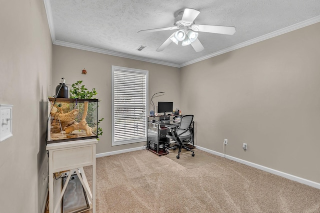 office featuring carpet flooring, baseboards, visible vents, and a textured ceiling