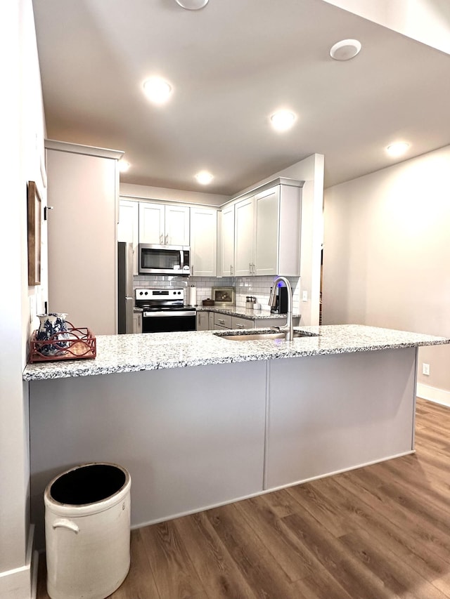 kitchen featuring wood finished floors, light stone countertops, a sink, decorative backsplash, and stainless steel appliances