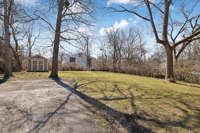 view of yard with an outdoor structure, driveway, and a shed