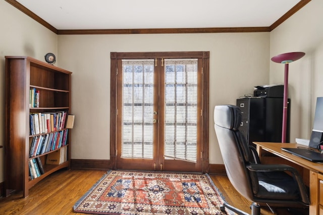 office space with ornamental molding, french doors, and wood finished floors