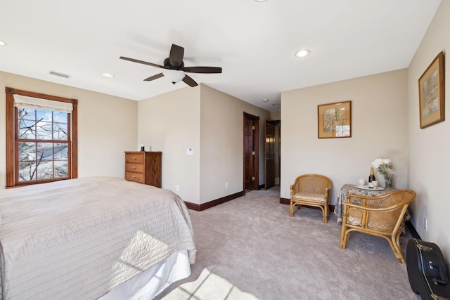 bedroom with visible vents, recessed lighting, baseboards, light colored carpet, and ceiling fan