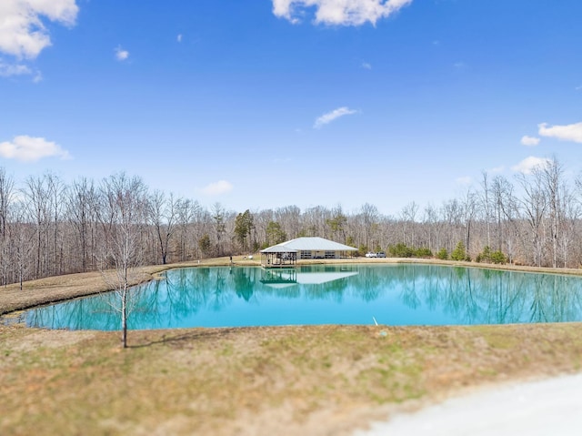 view of swimming pool with a pool and a forest view