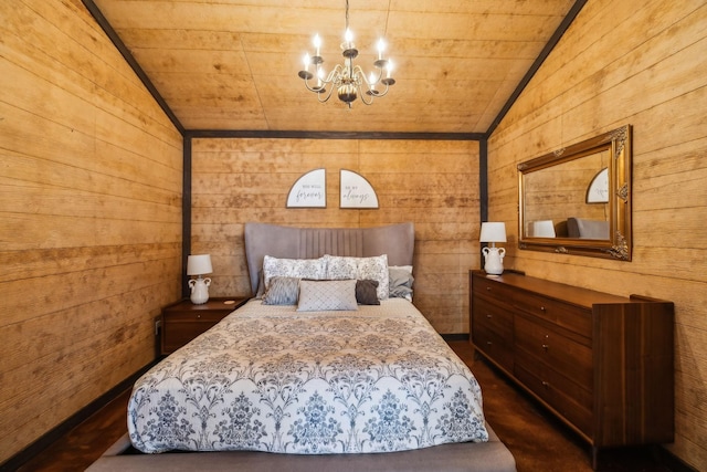 bedroom with a notable chandelier, wooden ceiling, wooden walls, and vaulted ceiling