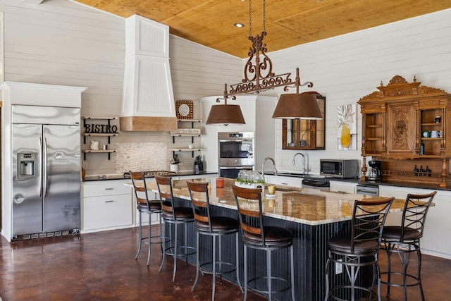 kitchen with open shelves, wood ceiling, tasteful backsplash, and stainless steel appliances