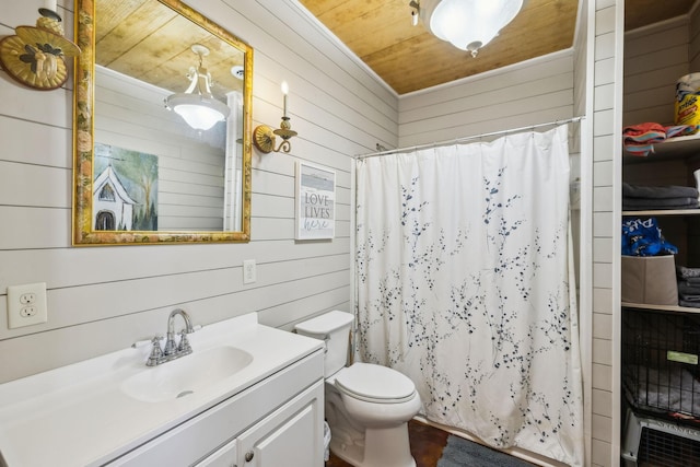 full bathroom featuring toilet, wooden ceiling, vanity, and a shower with shower curtain