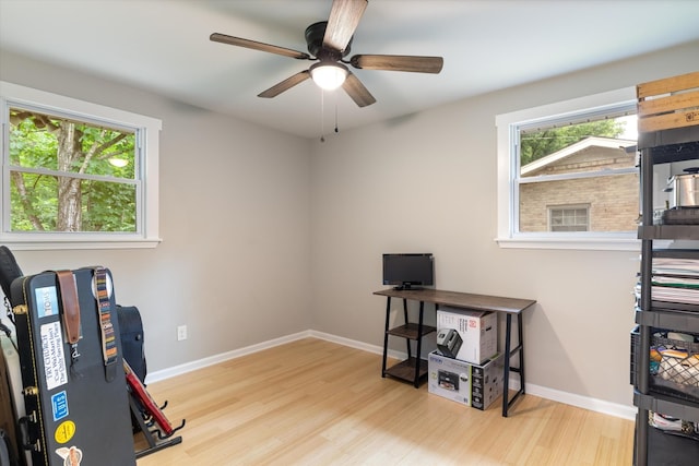 exercise room featuring wood finished floors, baseboards, and a wealth of natural light