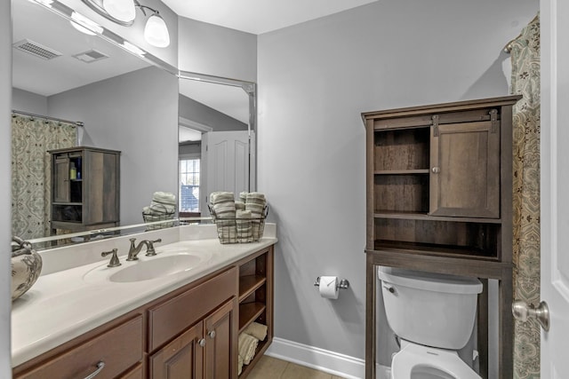 full bathroom featuring vanity, tile patterned floors, toilet, and visible vents