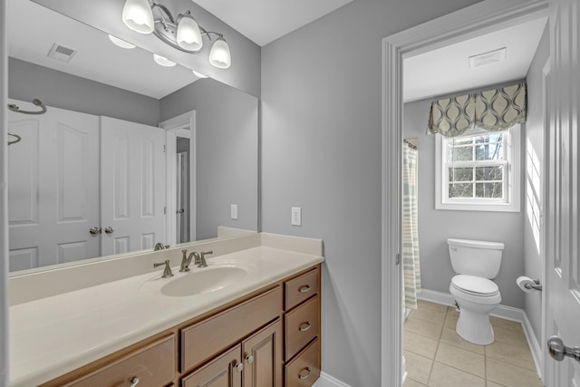 full bathroom with tile patterned flooring, visible vents, baseboards, toilet, and vanity