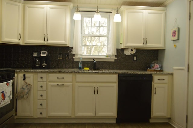 kitchen featuring a sink, backsplash, dark stone counters, stove, and dishwasher