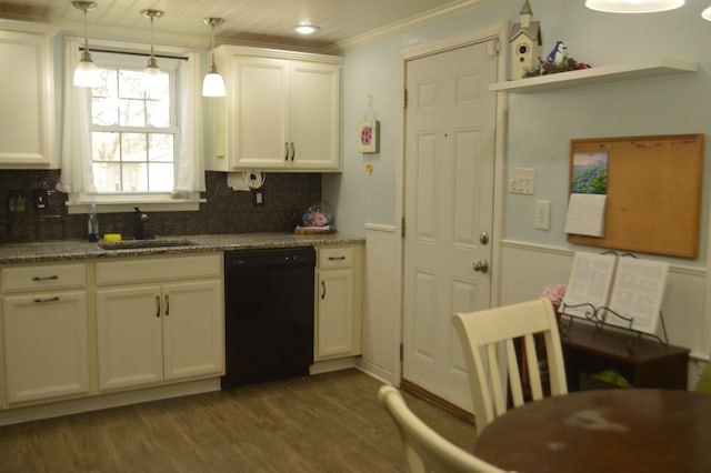 kitchen featuring dark wood-type flooring, a sink, backsplash, white cabinets, and dishwasher