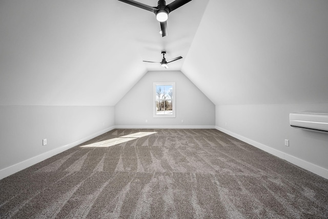 bonus room featuring baseboards, carpet, an AC wall unit, vaulted ceiling, and a ceiling fan