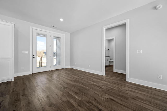 interior space with visible vents, recessed lighting, dark wood-style floors, and baseboards