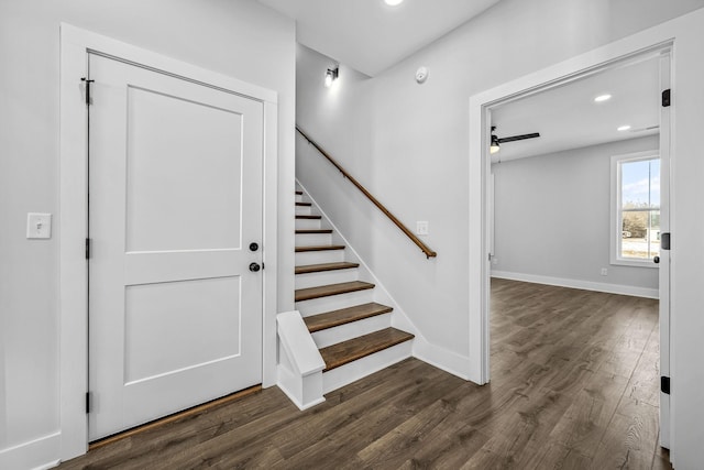 stairs featuring recessed lighting, baseboards, wood finished floors, and a ceiling fan