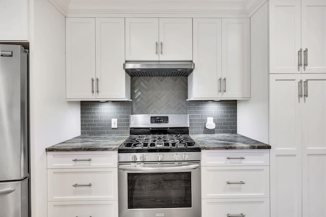 kitchen with under cabinet range hood, stainless steel appliances, dark stone countertops, and white cabinetry