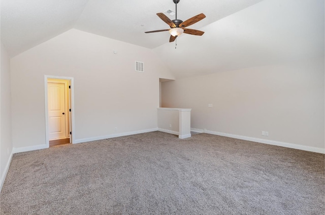 bonus room featuring visible vents, baseboards, carpet, ceiling fan, and vaulted ceiling