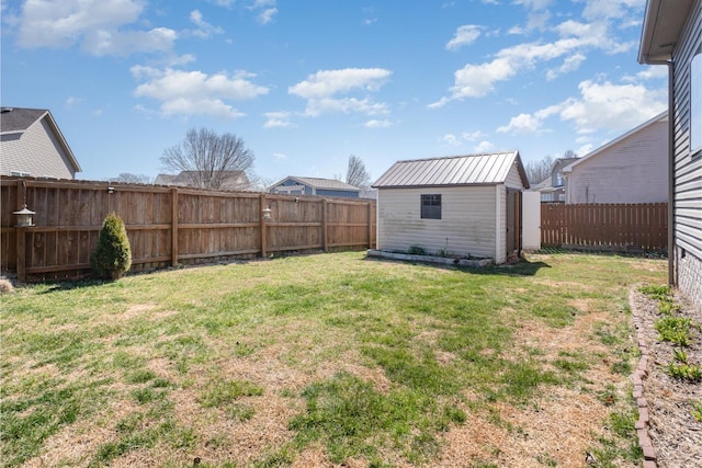 view of yard featuring a fenced backyard, an outdoor structure, and a shed