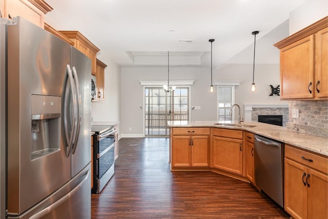 kitchen featuring a sink, dark wood finished floors, stainless steel appliances, a peninsula, and a raised ceiling