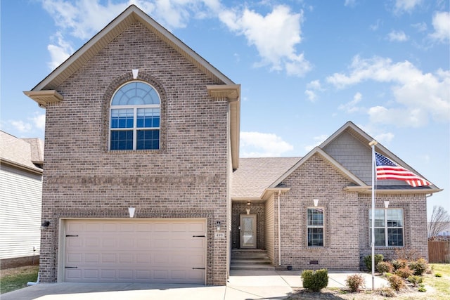 view of front of house featuring crawl space, brick siding, a garage, and concrete driveway