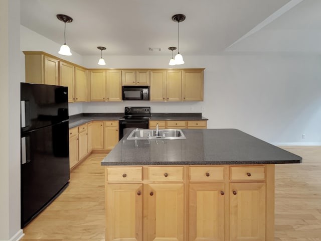 kitchen featuring light wood-type flooring, black appliances, light brown cabinets, a sink, and dark countertops