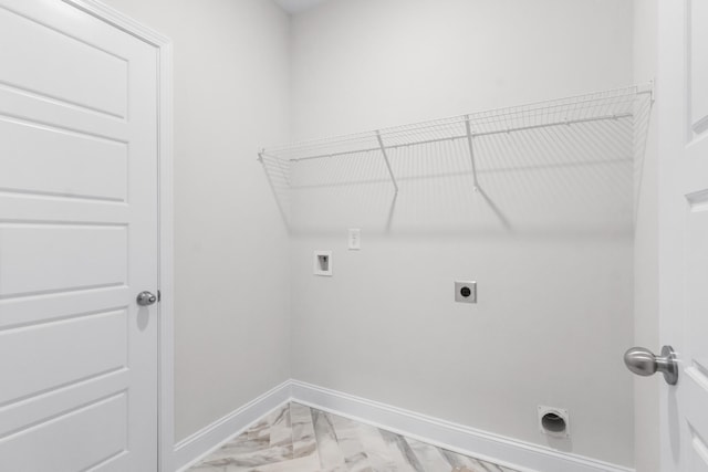 washroom with baseboards, laundry area, hookup for a washing machine, marble finish floor, and hookup for an electric dryer