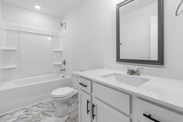 full bathroom with toilet, recessed lighting, shower / bathtub combination, marble finish floor, and vanity